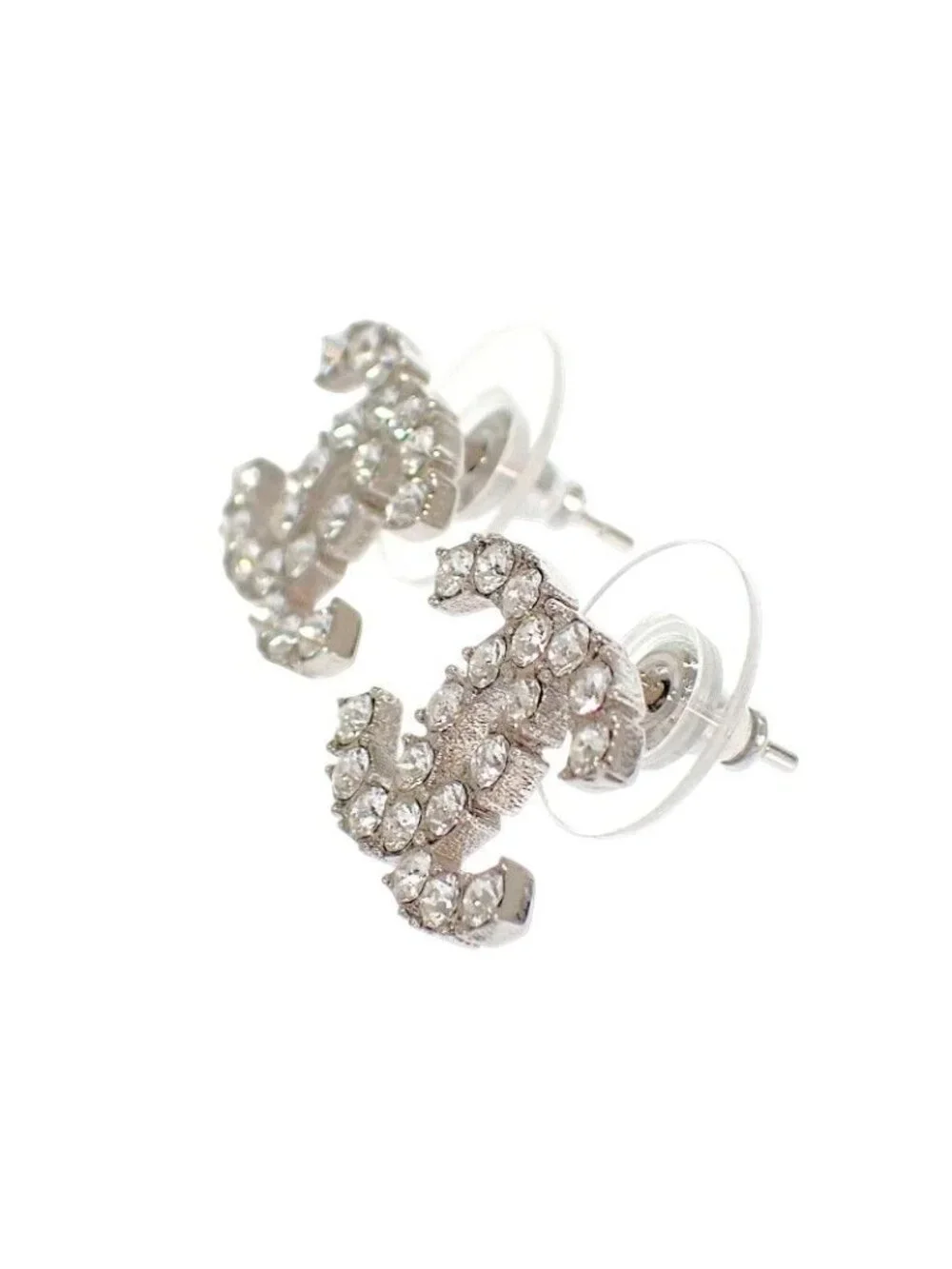 Chanel CC Logo Earrings Metal Crystal Silver Both Ears